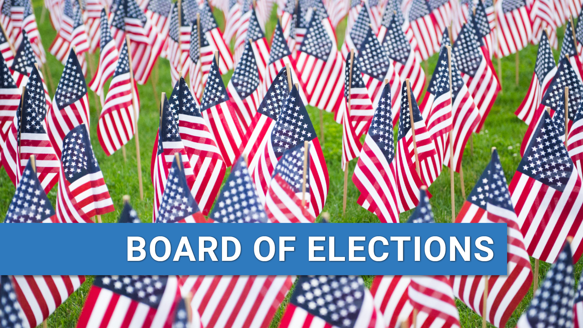 Close up of American flags in a field with words Board of Elections.