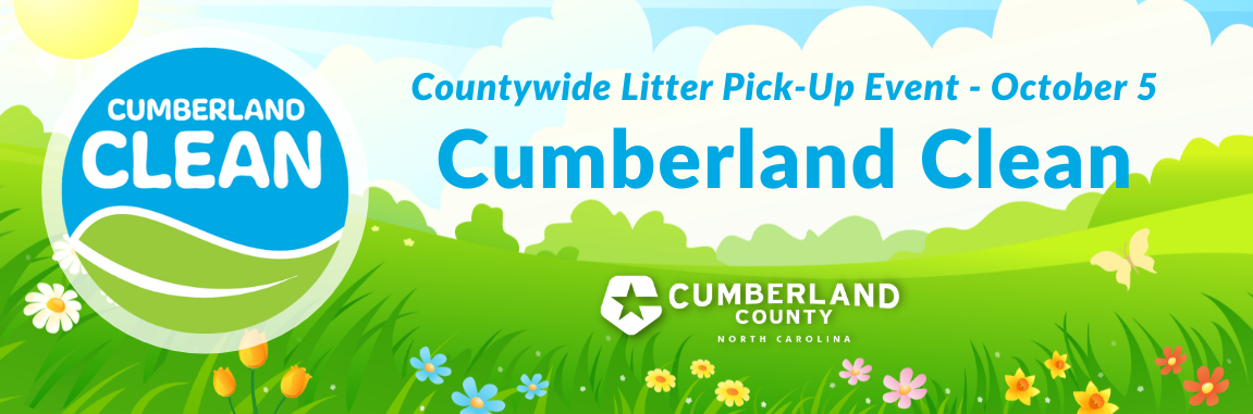 Green meadow with flowers under a blue sky with words cumberland clean countywide litter pickup event october 5